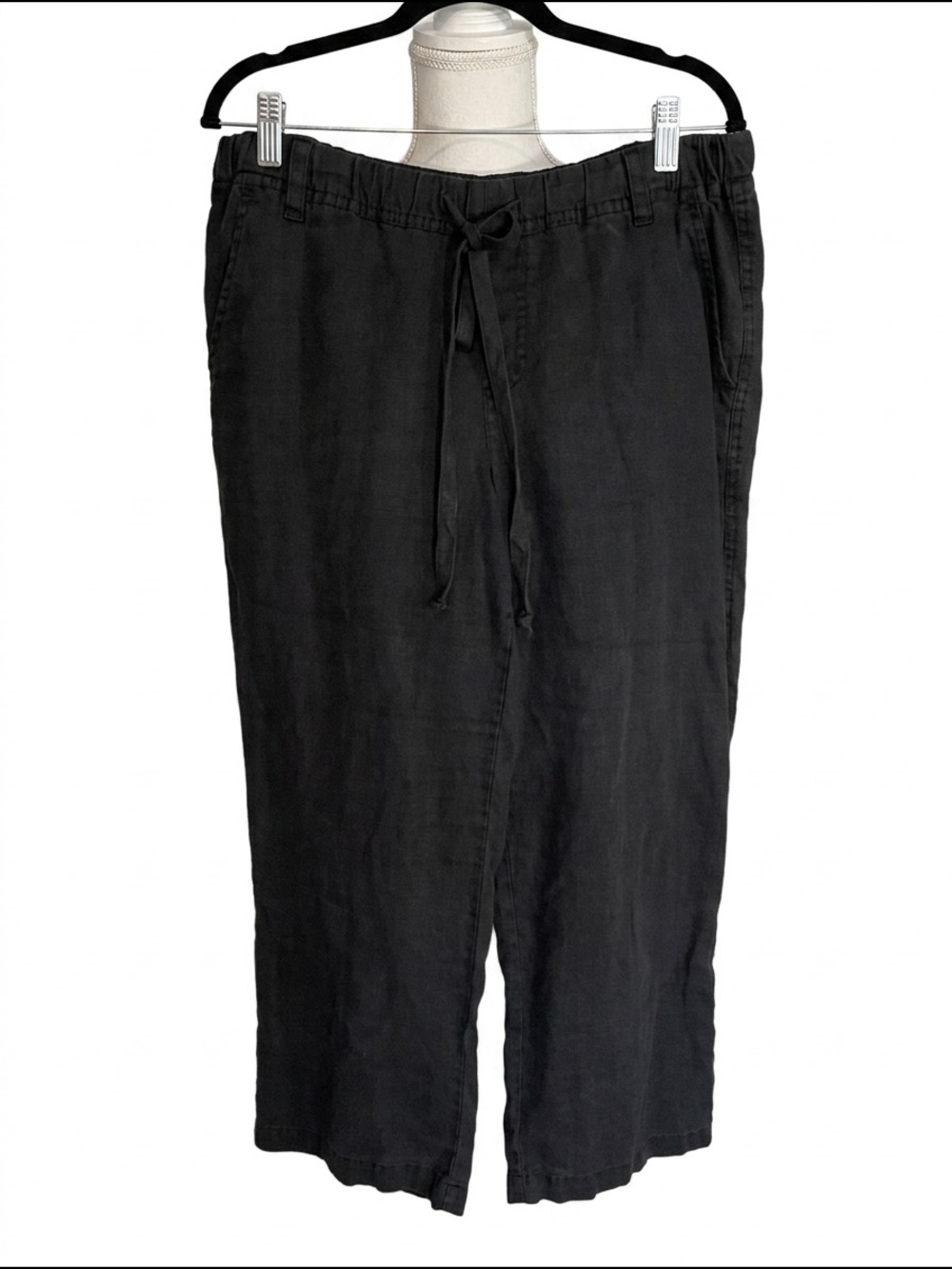 Allen Allen Large Black Drawstring Linen Blend Pants Cropped Wide Leg